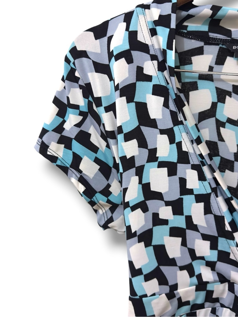 BCBGMaxAzria | EUC Blue White Geometric Print Stretch Wrap Midi Dress (size M) - Picture 7 of 12